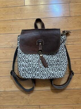Myra Bag Brown Leather-Trim Black & White Woven Backpack Boho Western